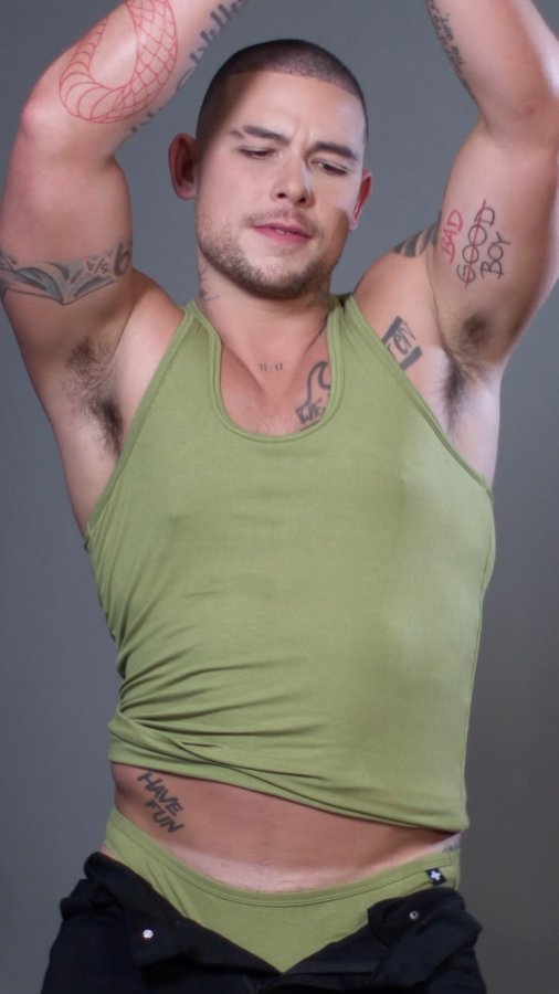 Instagram post by @nickmasc for Andrew Christian. Caption reads: what’s ur vibe? @andrewchristianintl.