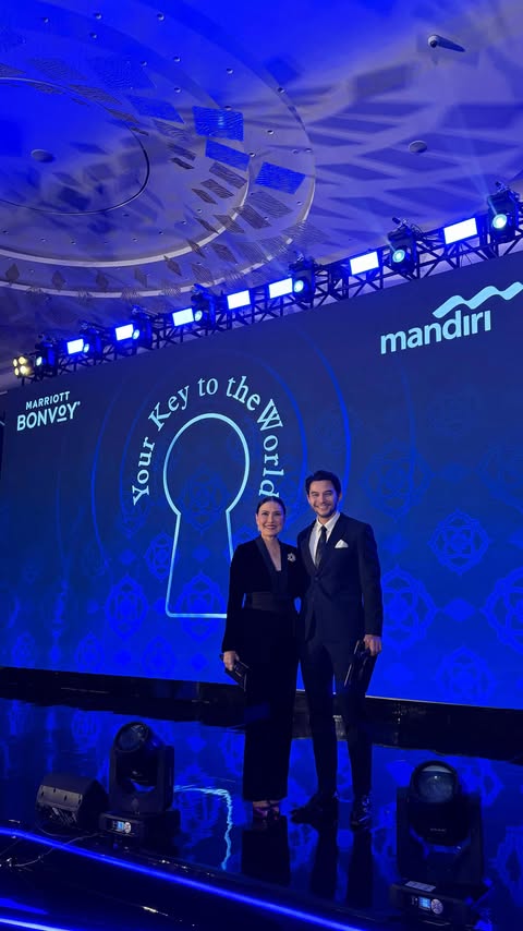 Instagram post by @pattytumewutane for Bank Mandiri. Caption reads: [...] the launch of the @marriottbonvoy X....