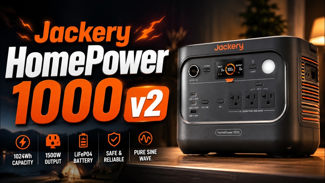YouTube post by @techutopiareviews for Jackery. Caption reads: [...] ⚡ Power out, Jackery on. Visit here: This....