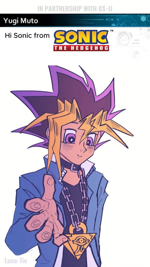 Instagram post by @lunadrawstuff for GS-JJ.com. Caption reads: Yugi meets Sonic! (GSJJ partnership) I got to test....