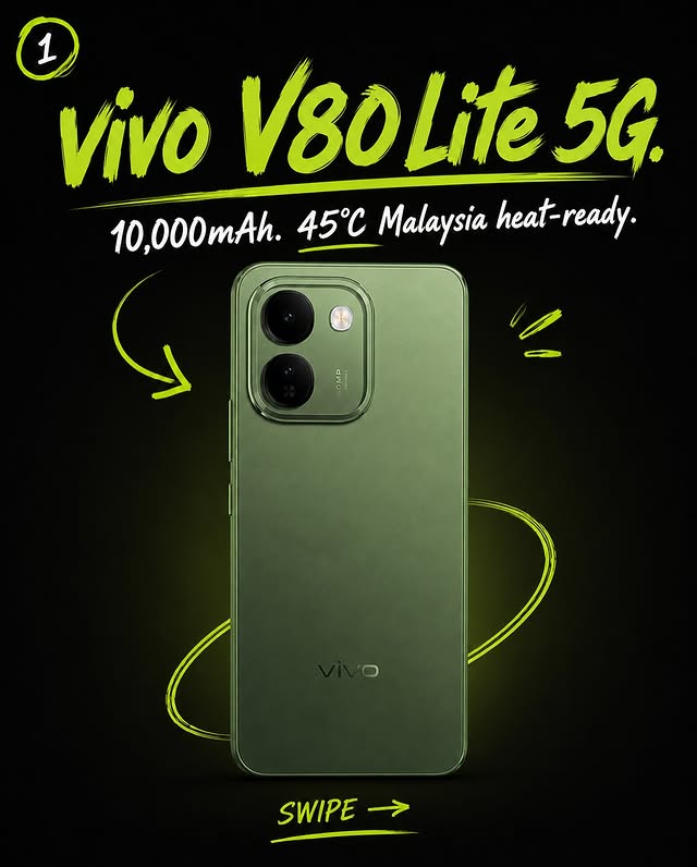 Instagram post by @adamlob0 for vivo Malaysia. Caption reads: [...] #vivoV80Lite #10000mAhAlwaysPowered....