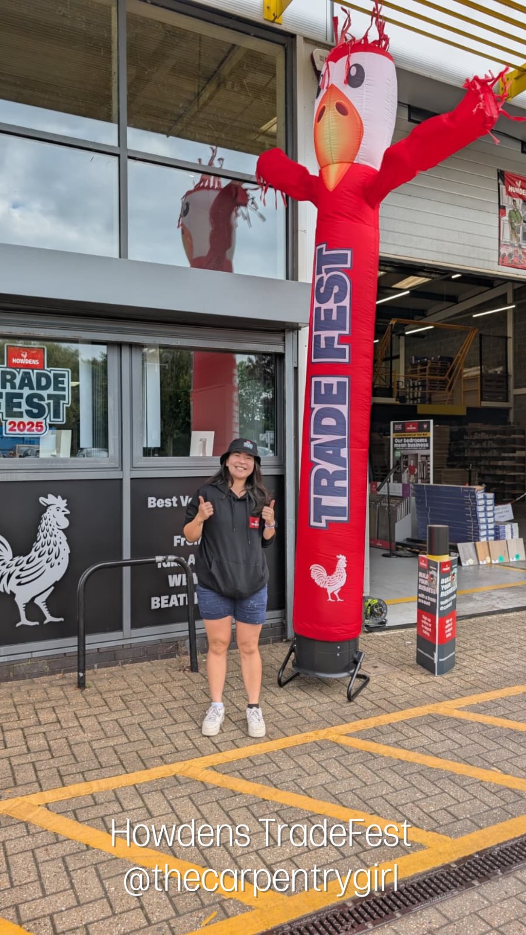 Instagram post by @thecarpentrygirl for Howdens. Caption reads: POV: you’re moments away from the biggest kitchen....