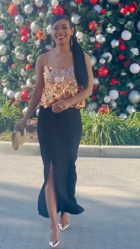 Instagram post by @owetia for New York & Company. Caption reads: Sequin, bright colors and metallics. Are you ready....