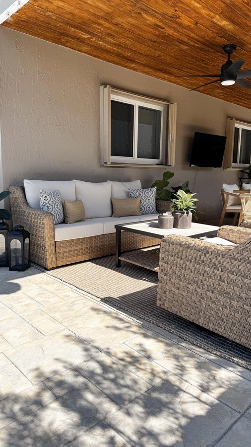 Instagram post by @thefleiteslife for Better Homes & Gardens. Caption reads: Trying to level up your patio? String lights,....