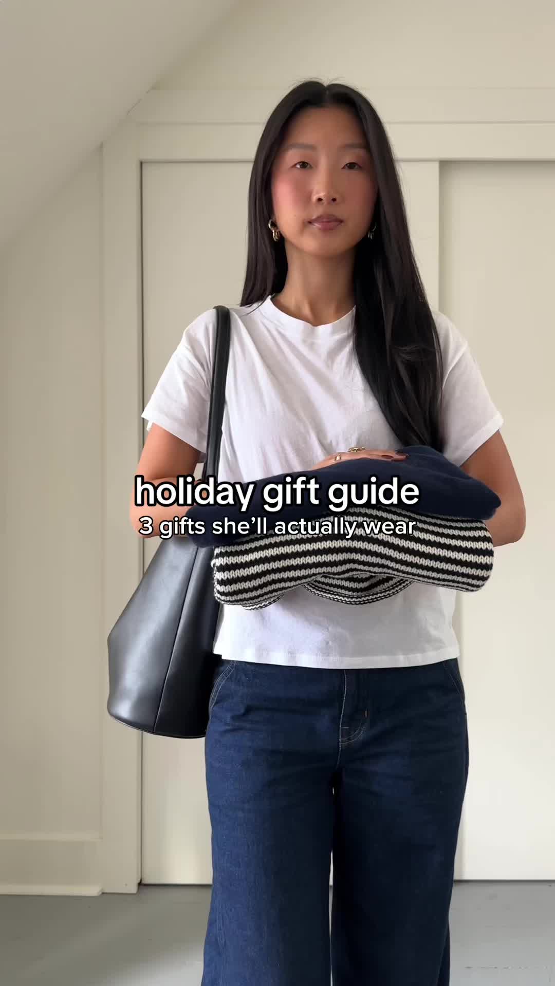 TikTok post by @beckykim_ for J.Crew. Caption reads: 3 gifts she’ll actually wear with @J.Crew #injcrew....
