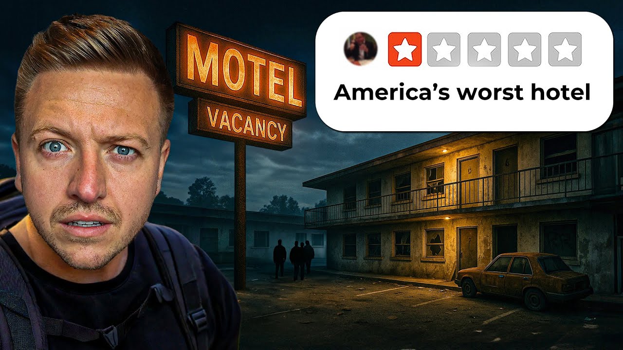 YouTube post by @SimonWilson12 for Revolut. Caption reads: I Tried America’s 1-Star Hotels.
