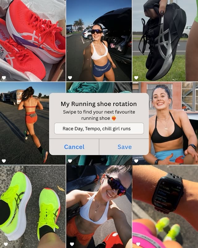 Instagram post by @fitwithrubes for ASICS. Caption reads: Swipe to find your perfect pair ❤️‍🔥✨⚡️....