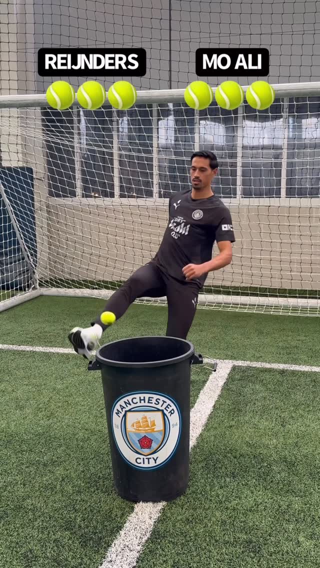 Instagram post by @moalifc for Manchester City. Caption reads: Control challenge with @tijjanireijnders 🎾🤯.