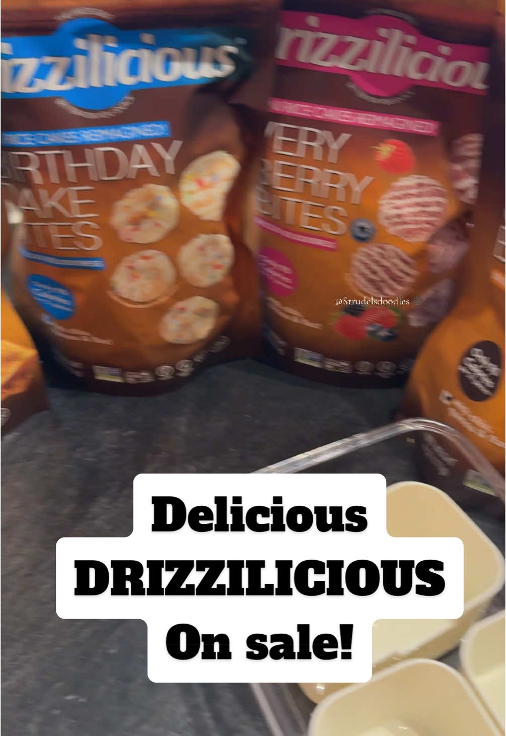 TikTok post by @strudelsdoodles for Broadway Candy. Caption reads: Drizzilicious are so yummy! Low calorie and tasty!....