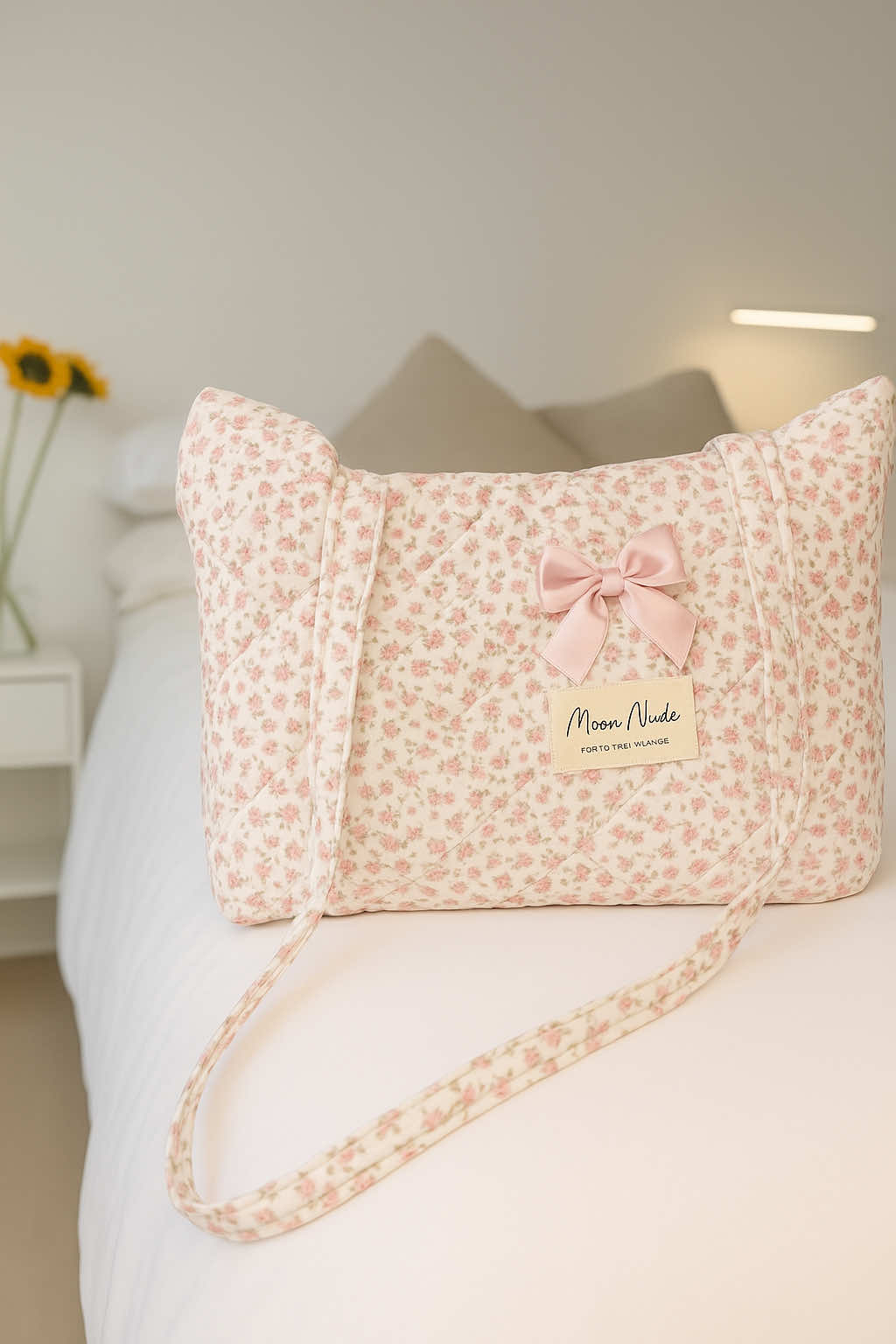 TikTok post by @mo.valdes for Moon Nude. Caption reads: [...] ✨ Obsessed with my Peony Tote from @moonnude....