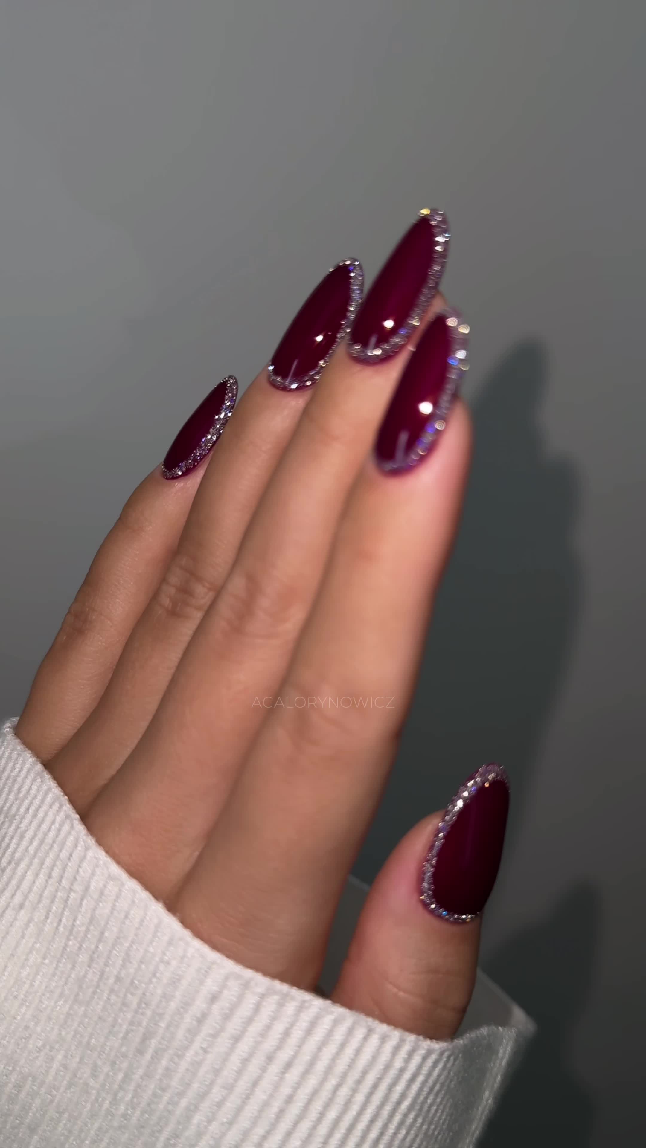 TikTok post by @agalorynowicz for Semilac. Caption reads: Sparkly burgundy nails ✨ @Semilac 083 • 461 ....