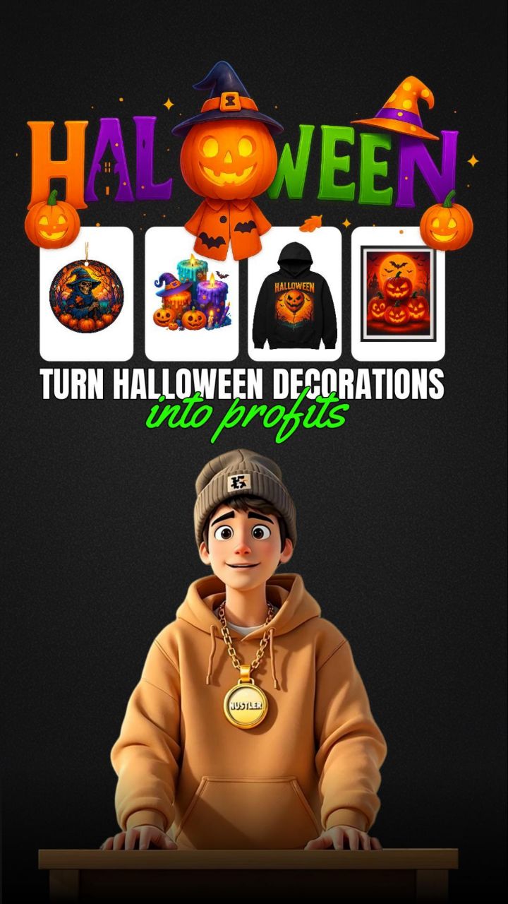 Instagram post by @trywithmark for Printify. Caption reads: Make Money This Halloween Selling AI-Made....