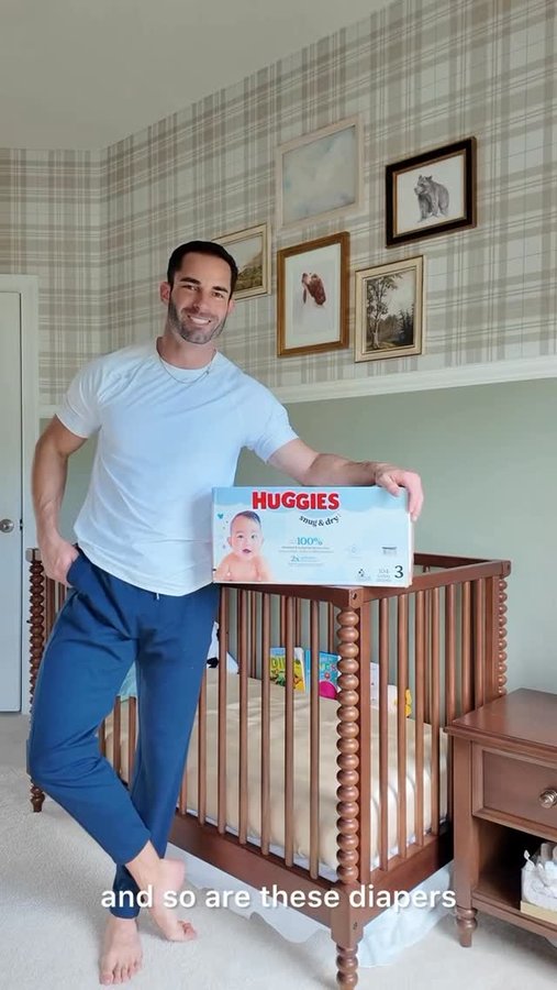 Instagram post by @tom.schweers for Huggies. Caption reads: #ad I go hard in the gym, but I’m a softie at....