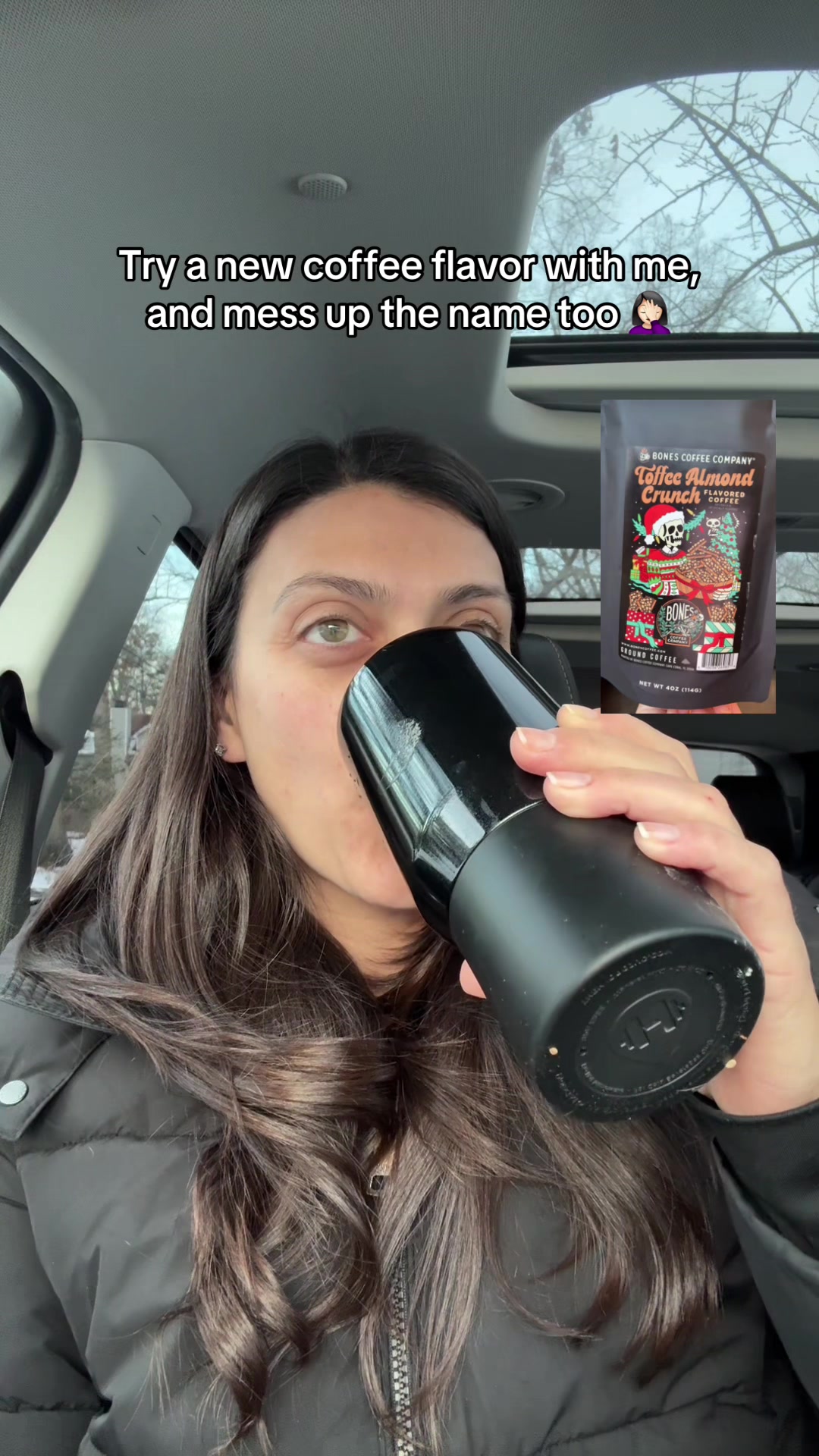 TikTok post by @jackiz748 for Bones Coffee Company. Caption reads: Okay this was legit. Which flavor should I try....