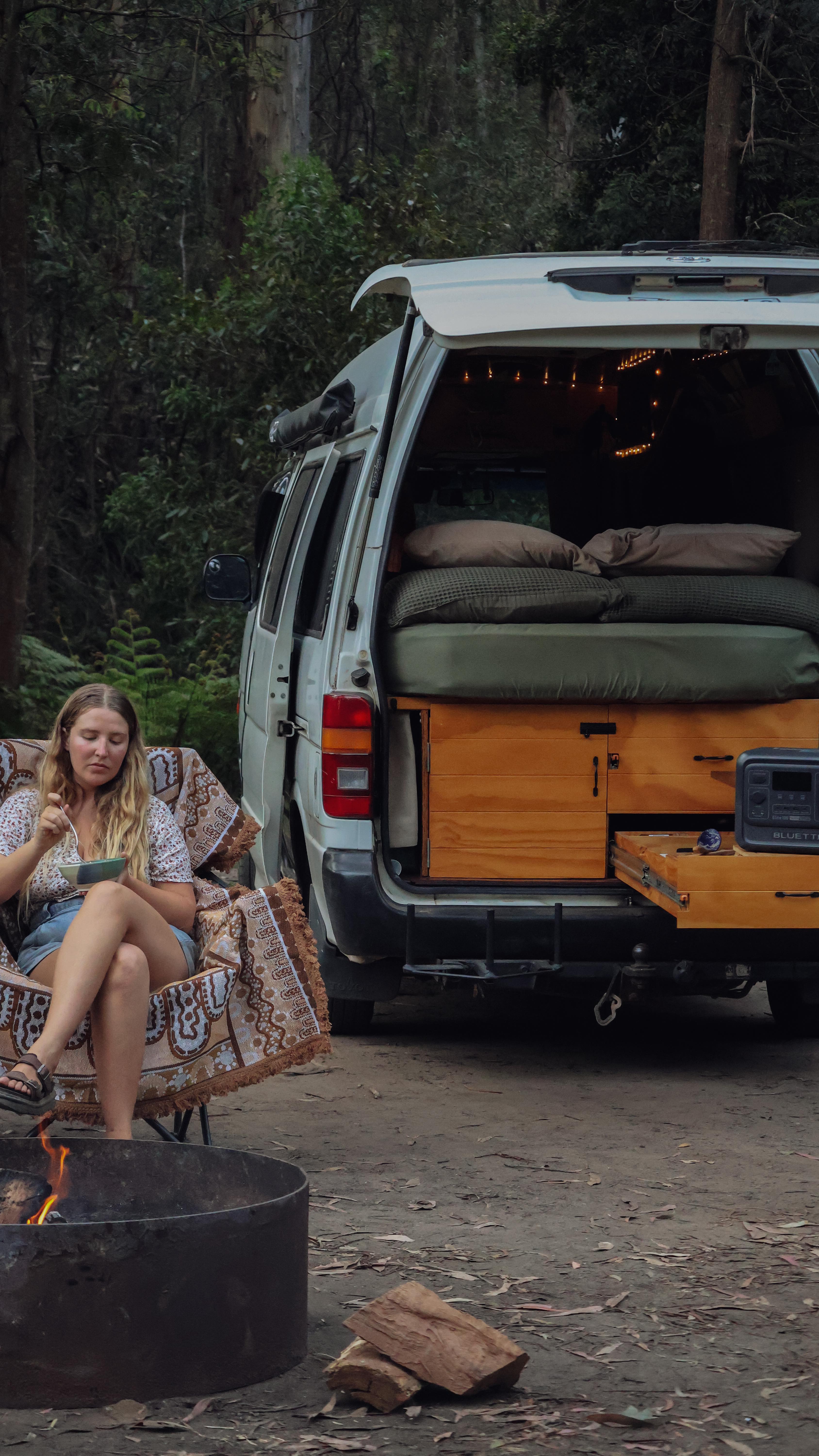 Instagram post by @wayfindingfolk for BLUETTI. Caption reads: Escaping into the mountains, all while having....