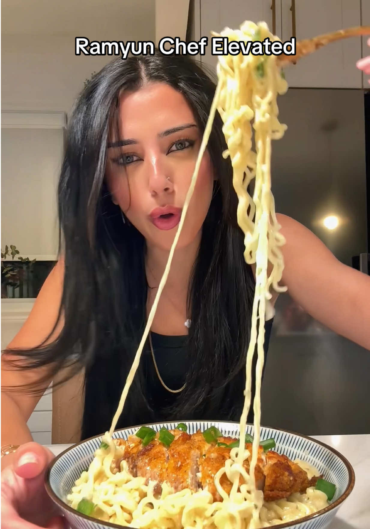 TikTok post by @galvsfood for Nongshim America. Caption reads: Chicken Alfredo is one of my fav pasta dishes and....