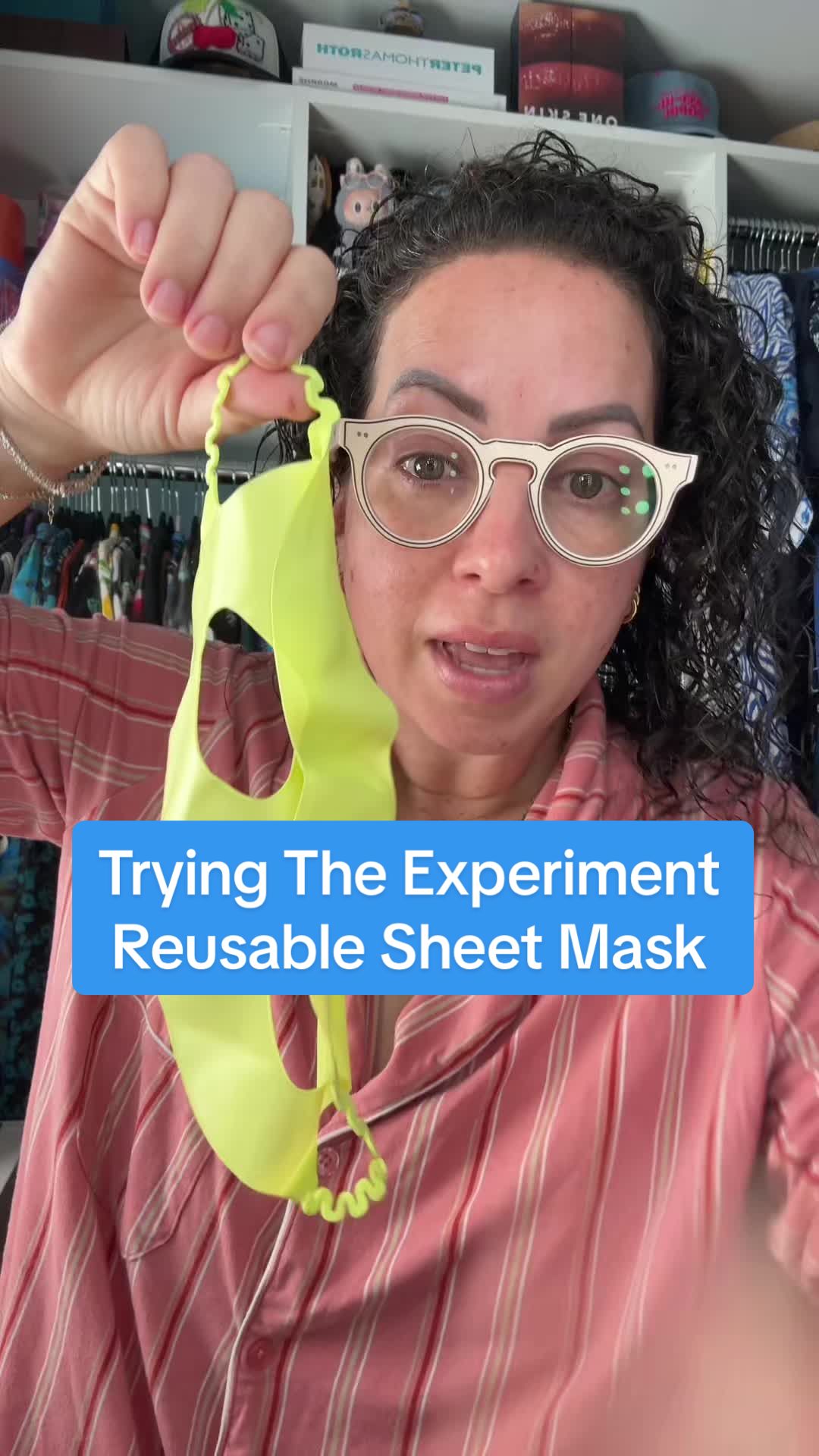 TikTok post by @realmelindaupclose for Experiment Beauty. Caption reads: [...] green reusable sheet mask from @Experiment....
