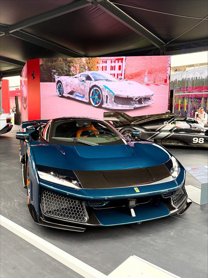 Instagram post by @tfjj for Ferrari. Caption reads: New Ferrari F80 in exposed blue carbon fibre....