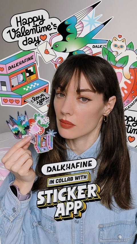 Instagram post by @dalkhafine for StickerApp. Caption reads: [...] & gift them stickers 💘 @dalkhafine x....