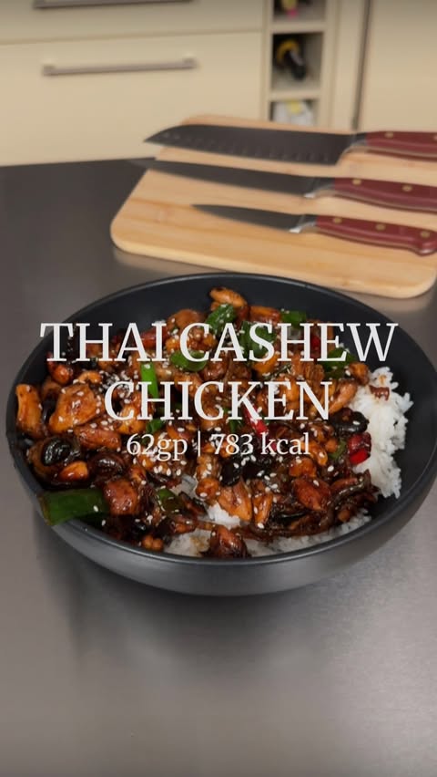 Instagram post by @foodeanie for WÜSTHOF. Caption reads: THAI CASHEW CHICKEN⬇️ Prep makes such a difference....