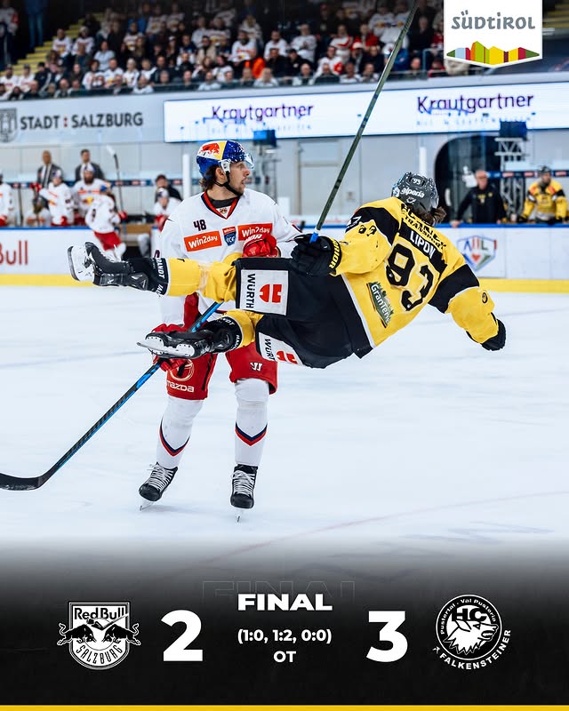 Instagram post by @hcpustertal for Südtirol | Alto Adige | South Tyrol. Caption reads: SIEG IN SALZBURG!!!!! 💥 #BEL1EVE Presented by....