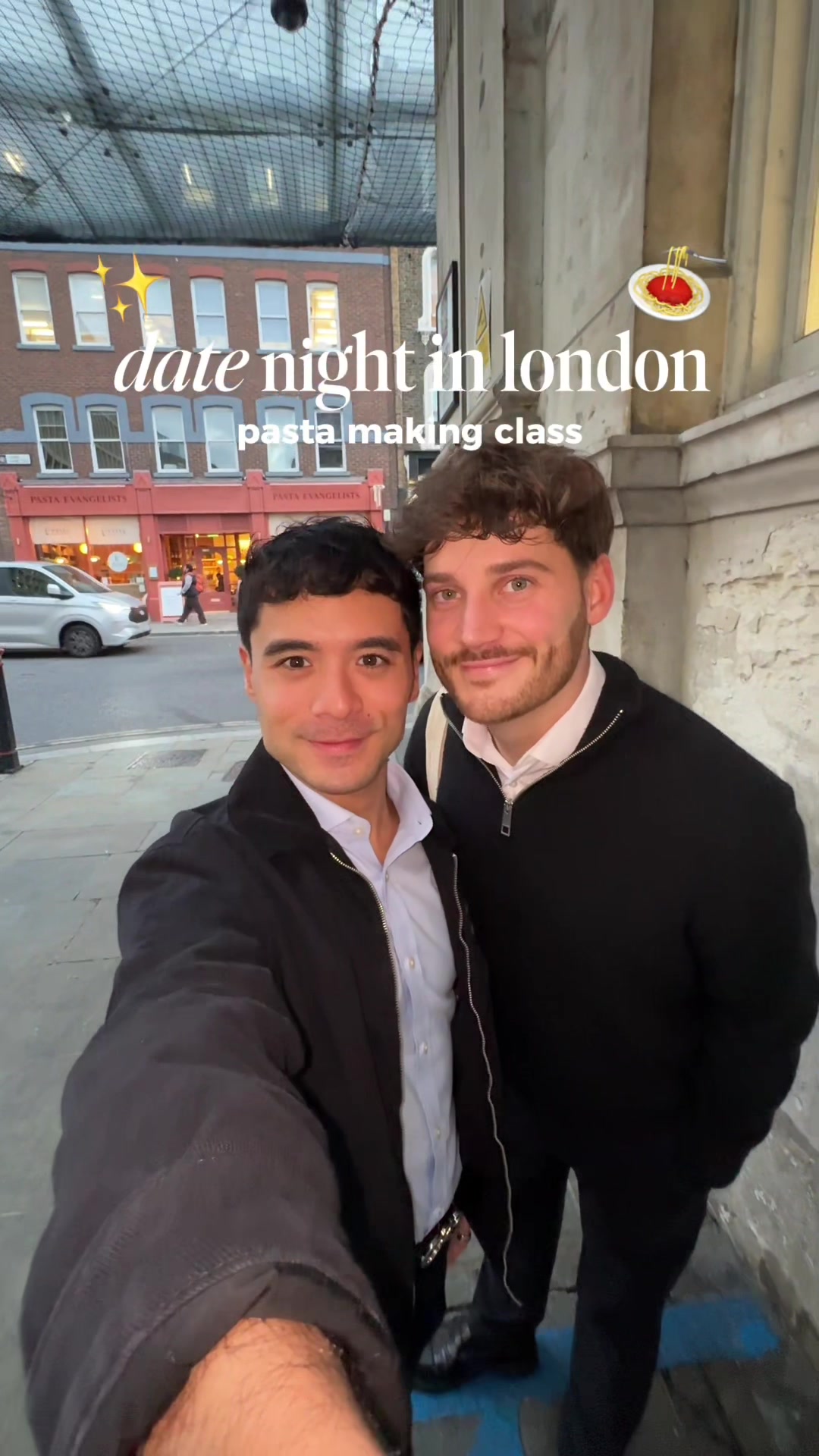 TikTok post by @aaronwins for Pasta Evangelists. Caption reads: come with us on a date night in London!....