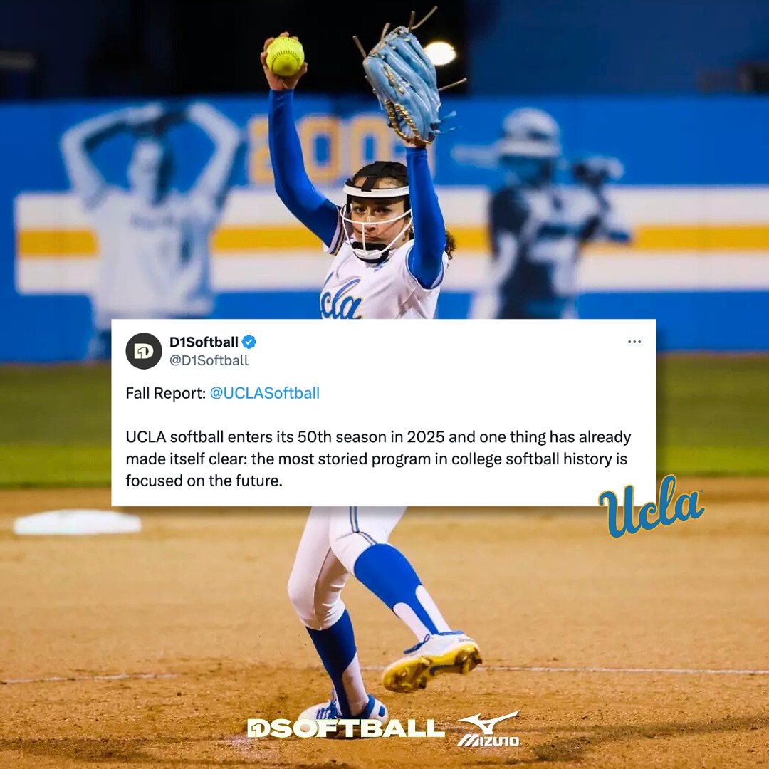 Instagram post by @uclasoftball for D1Softball.com. Caption reads: [...] the full UCLA Bruins Fall Report on....