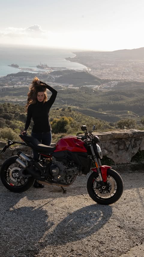 Instagram post by @iam.nadinewimmer for Ducati. Caption reads: [...] me introduce the new Monster V2 from @ducati....