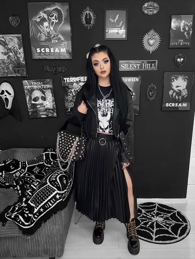 Instagram post by @beautevil.corpse for Damaged Society. Caption reads: [...] Tee & Skirt From @damagedsocietystore - You....
