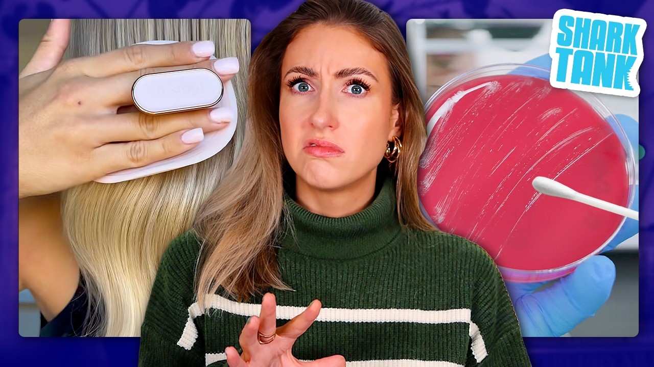 YouTube post by @RachhLoves for TeePublic. Caption reads: I Tested the MOST UNUSUAL Shark Tank Products 🤔....