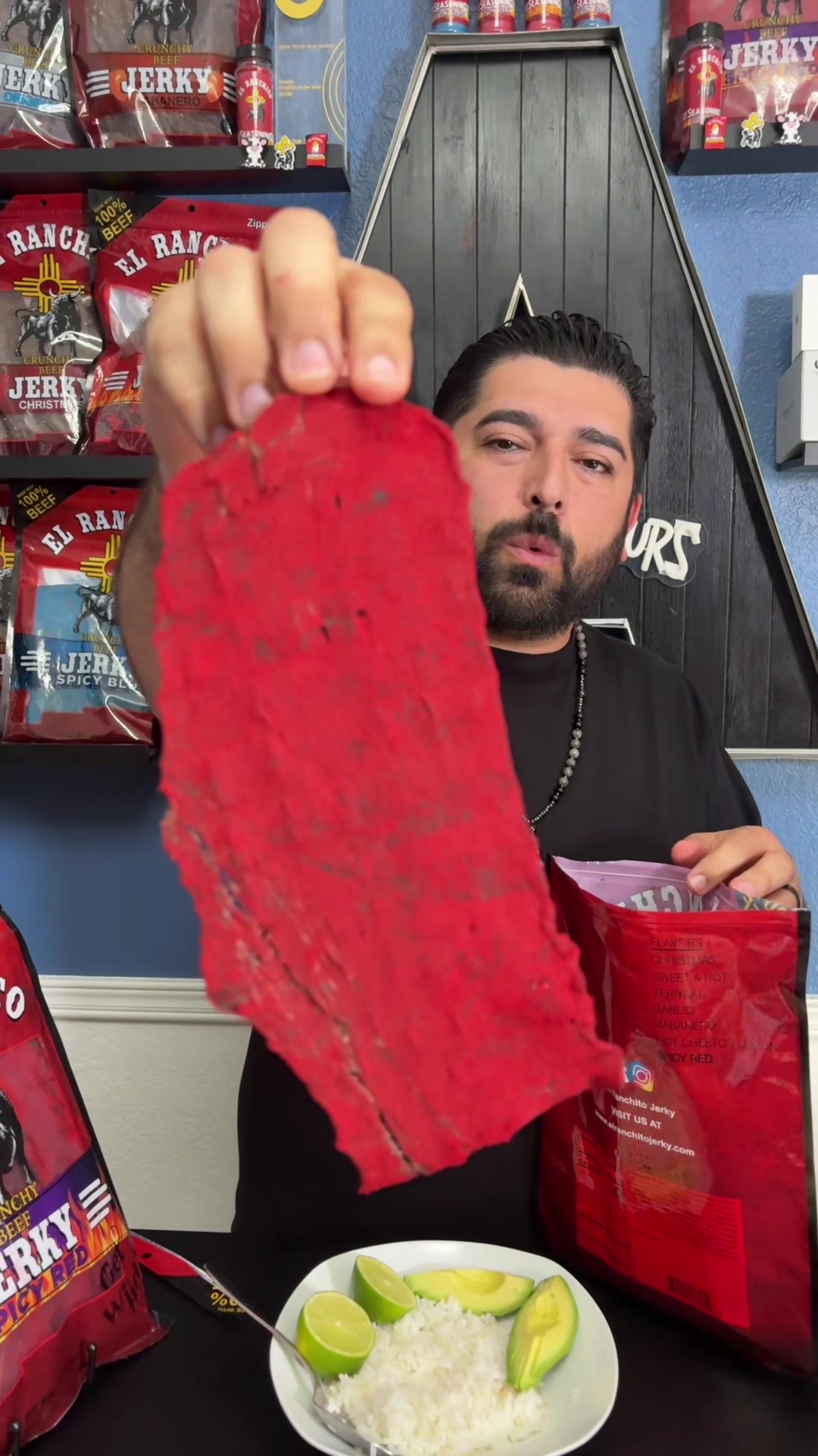 TikTok post by @acostaa.fam for El Ranchito Jerky. Caption reads: [...] i should try next! #spicyred #fuego....