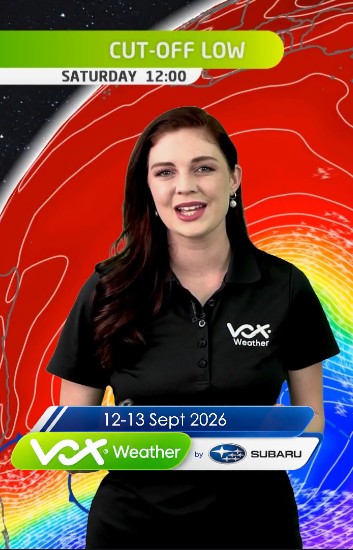 Instagram post by @voxweathergirls for Subaru of America. Caption reads: 12-13 September 2026 | Vox Weather Forecast....