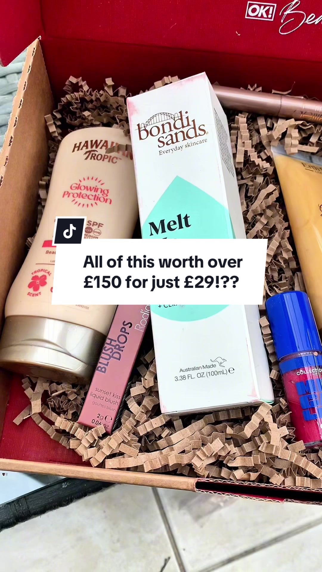 TikTok post by @chelsea.salt for OK! Beauty Box. Caption reads: [...] worth over £150 for just £29!?? The @OK!....