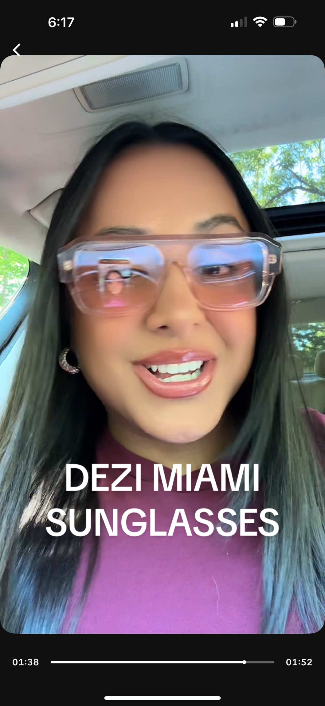TikTok post by @erensnchz for DEZI. Caption reads: Dezi Miami Sunglasses in PINK 💖 [...].