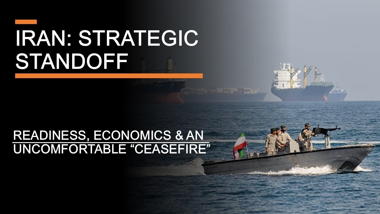 YouTube post by @PerunAU for Ground Up. Caption reads: Iran: Strategic Standoff - Readiness, Economics &....