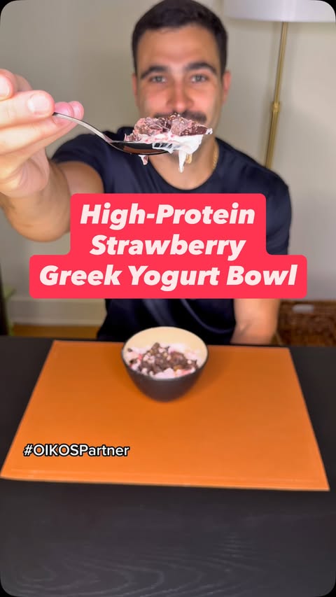 Instagram post by @sillzfit for Oikos. Caption reads: #OIKOSPartner My high-protein Cherry yogurt bowl....