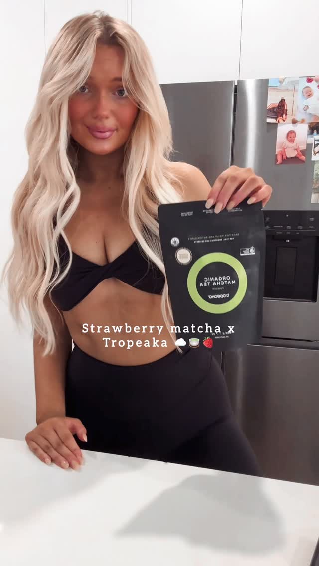 Instagram post by @nikkieinthal for Tropeaka. Caption reads: [...] strawberry, mornings taste better with....