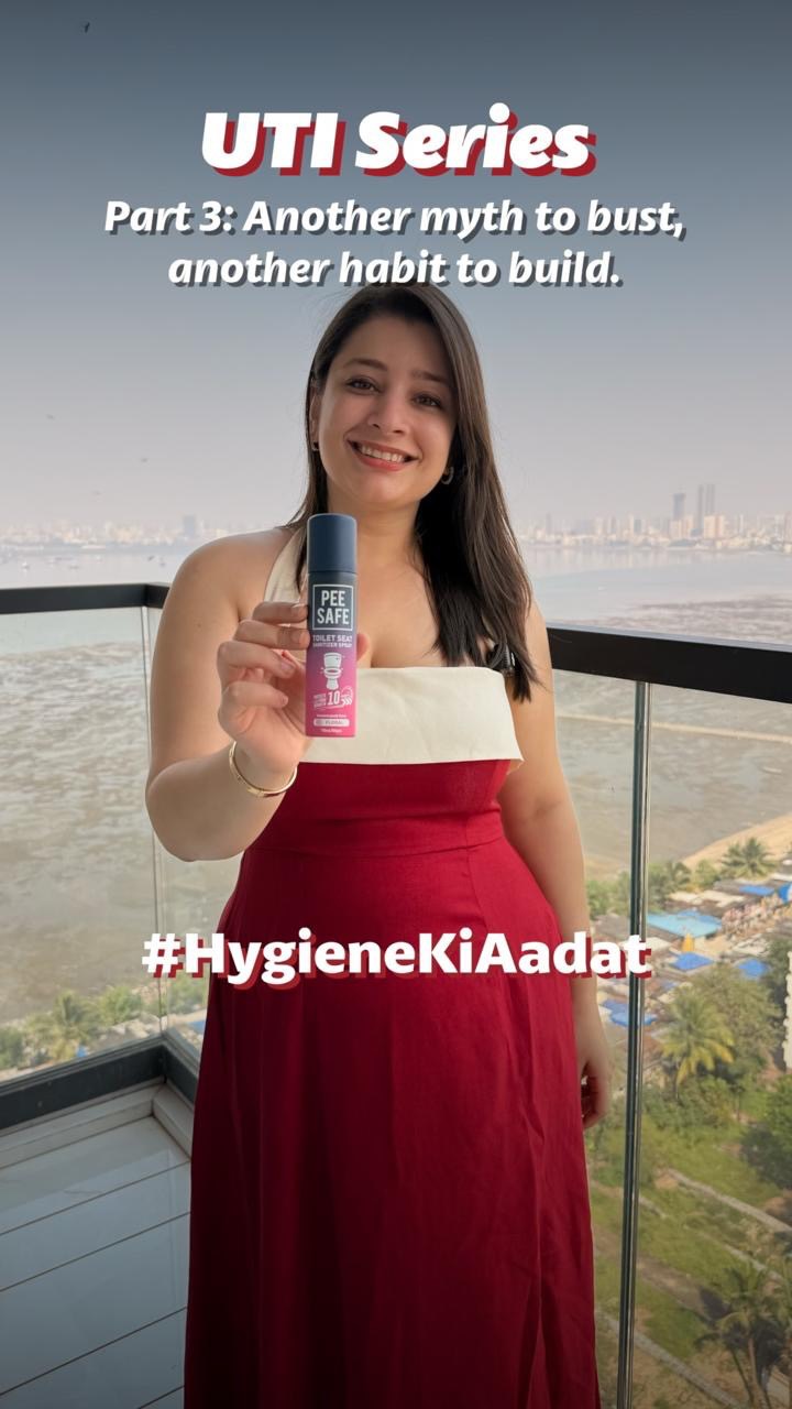 Instagram post by @natashaagandhi for Pee Safe. Caption reads: More than half of us will face a UTI… and trust....