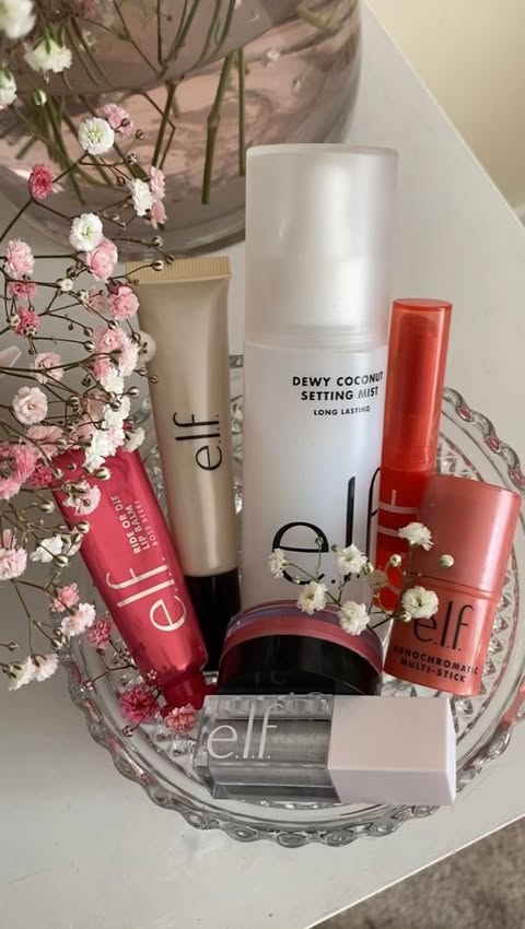 Instagram post by @badmeryuk for CXS. Caption reads: all my e.l.f makeup essentials lately ✨🤍 the....