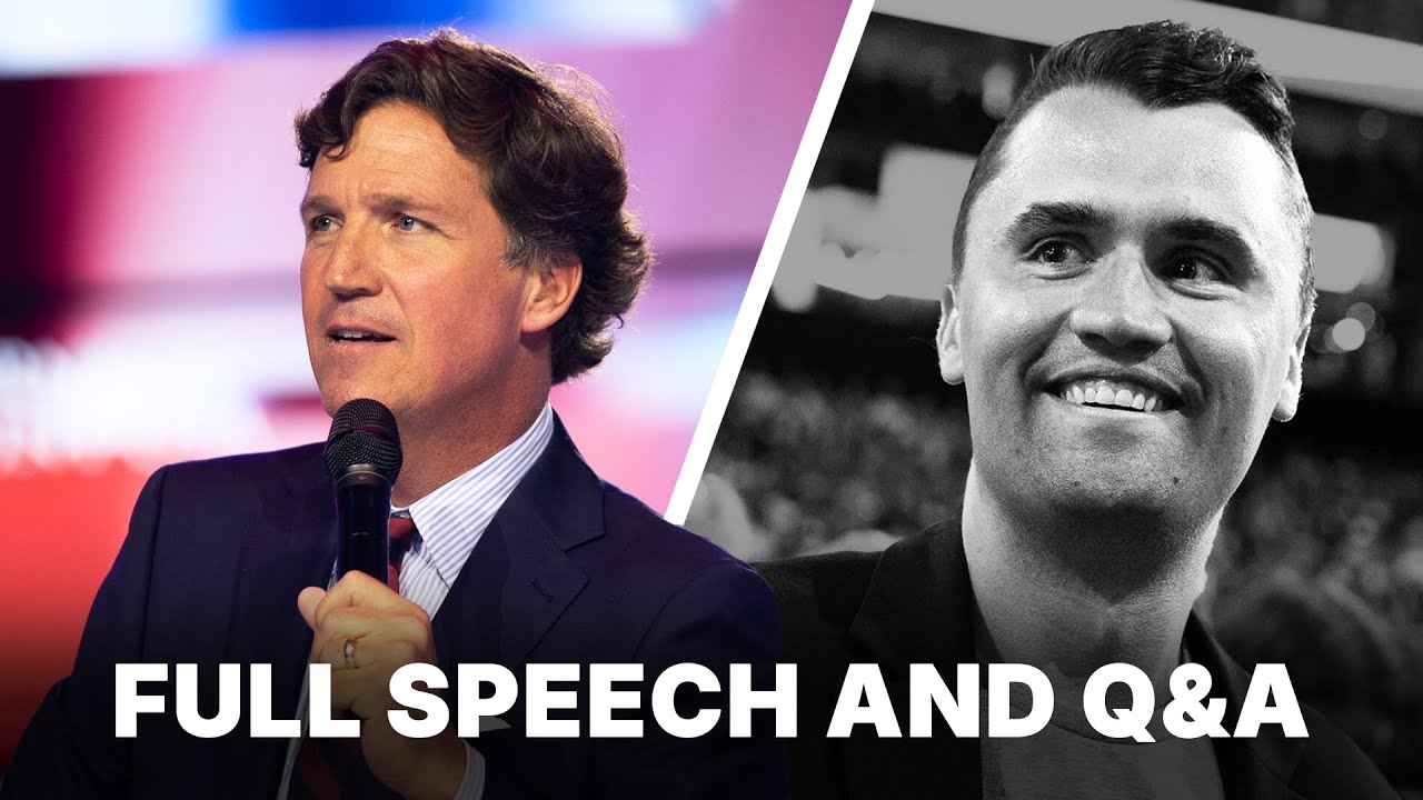 YouTube post by @TuckerCarlson for Black Rifle Coffee. Caption reads: FULL SPEECH: Tucker on the America First Movement....