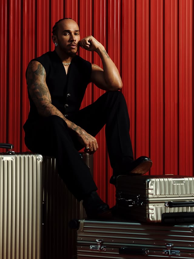 Instagram post by @lewishamilton for RIMOWA. Caption reads: Always a pleasure @rimowa @anothermanchina ~.