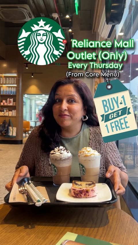 Instagram post by @foodiefiedrajkot for Starbucks. Caption reads: BUY1GET1 Offer At @starbucksindia Reliance Mall....