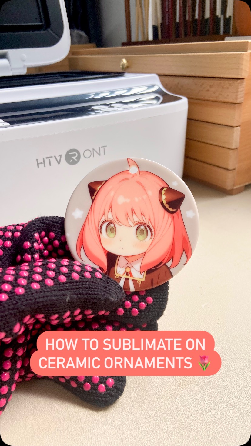 Instagram post by @im.meeco for HTVRONT. Caption reads: How to Sublimate on Ceramic Ornaments 🌷

If....