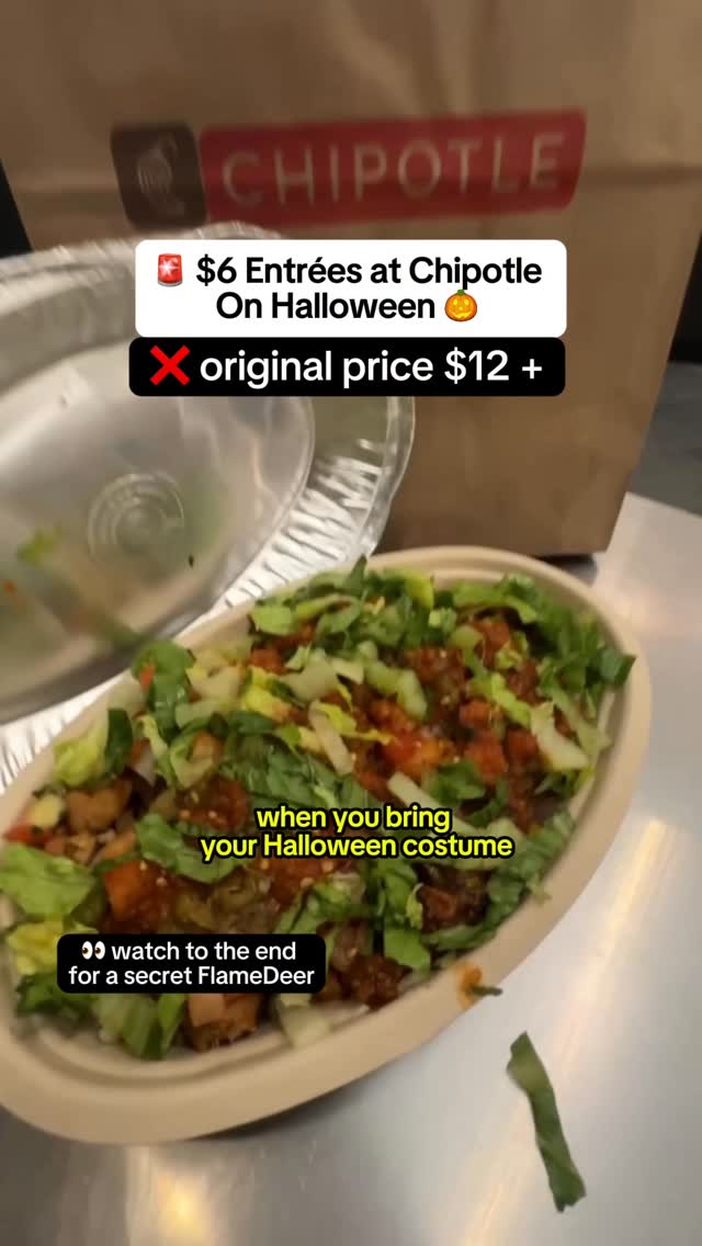 Instagram post by @yourthrifty.bff for Chipotle. Caption reads: 📌 SAVE/SHARE THIS 🎃 $6 CHIPOTLE ENTRÉES ON....