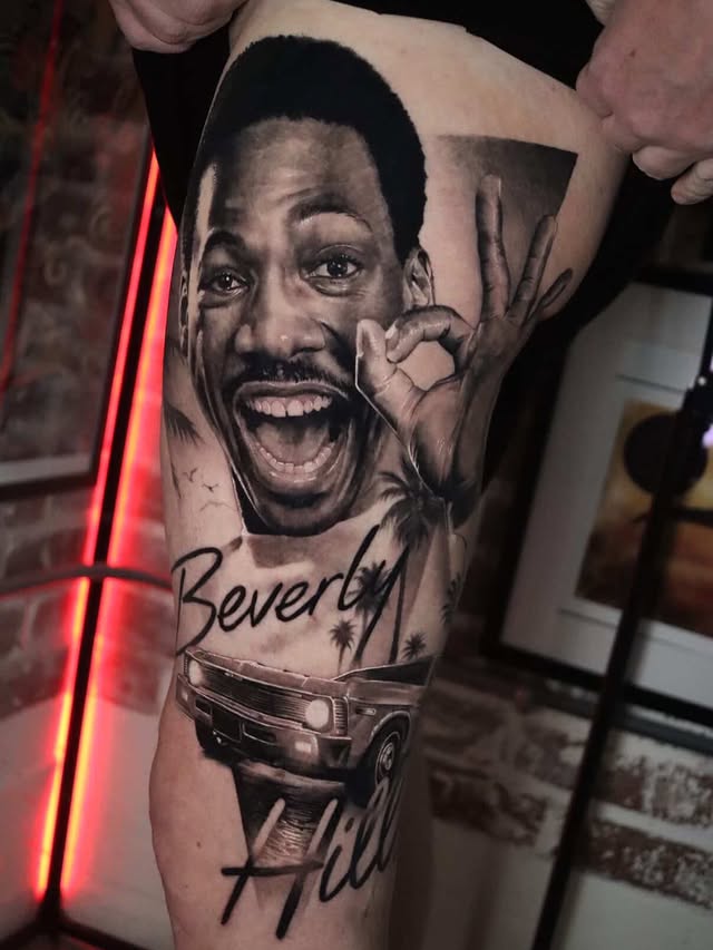 Instagram post by @tattooexpouk for Butterluxe Tattoo Care. Caption reads: Healed Eddie Murphy (Axel) in Beverly Hills Cop....