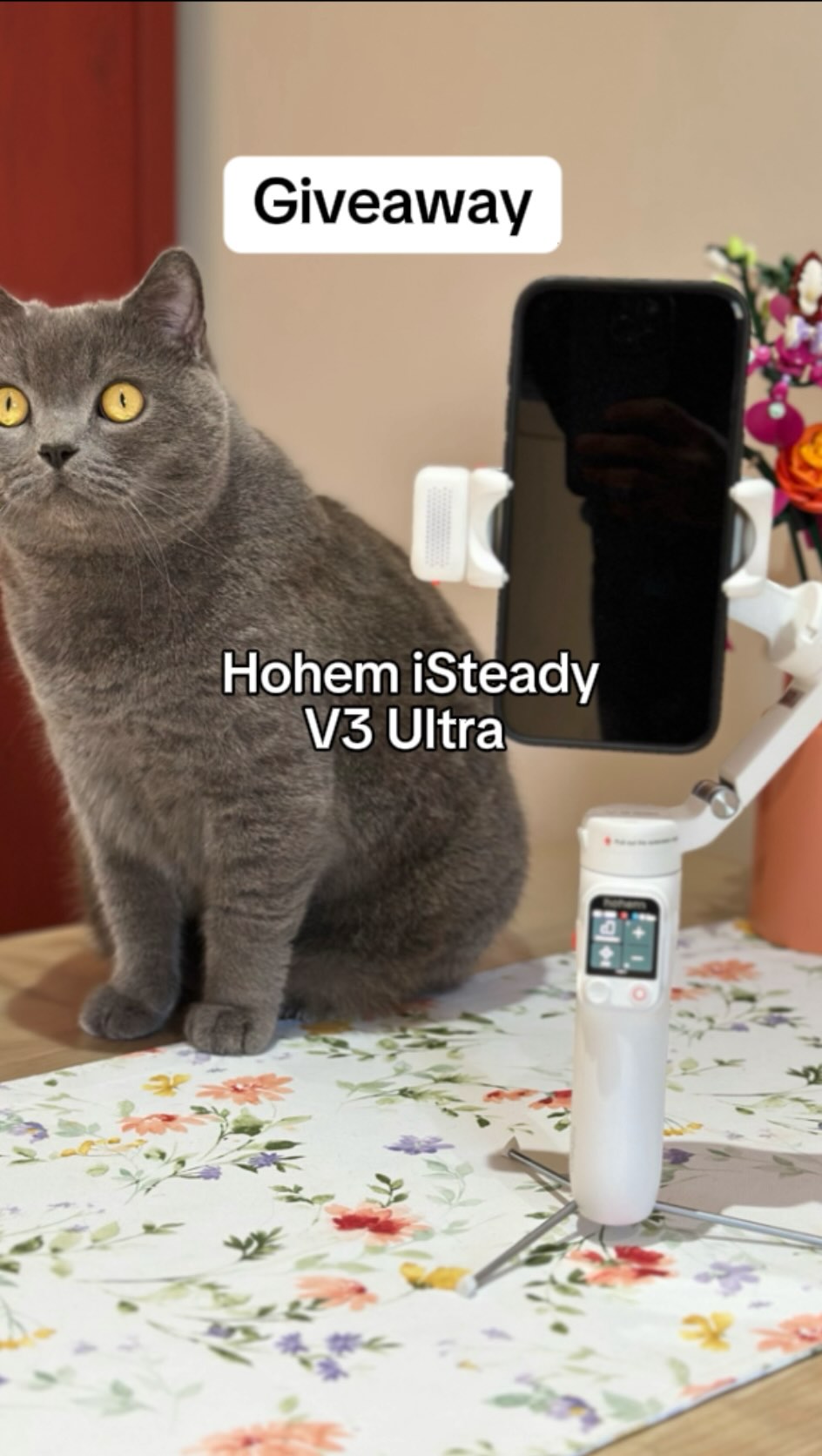 Instagram post by @honchuthebluebrit for Hohem. Caption reads: GIVEAWAY | The Hohem iSteady V3 Ultra keeps things....