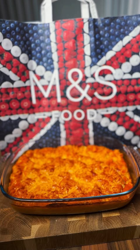 Instagram post by @mealswithmax for M&S MAN. Caption reads: Creamy Cheesy Pasta Bake 🍝🧀 Selected M&S Organic....