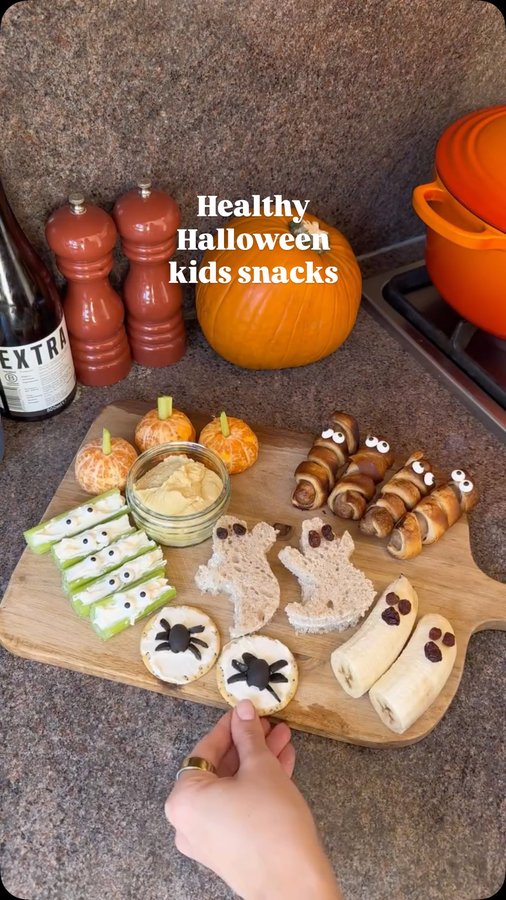 Instagram post by @katiefduarte for Waitrose. Caption reads: ad Healthy kids snacks for Halloween, using....