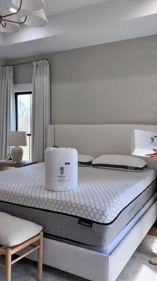 Instagram post by @pleasantlybuilt for Cariloha. Caption reads: Gave our bedroom a spring refresh with Cariloha....