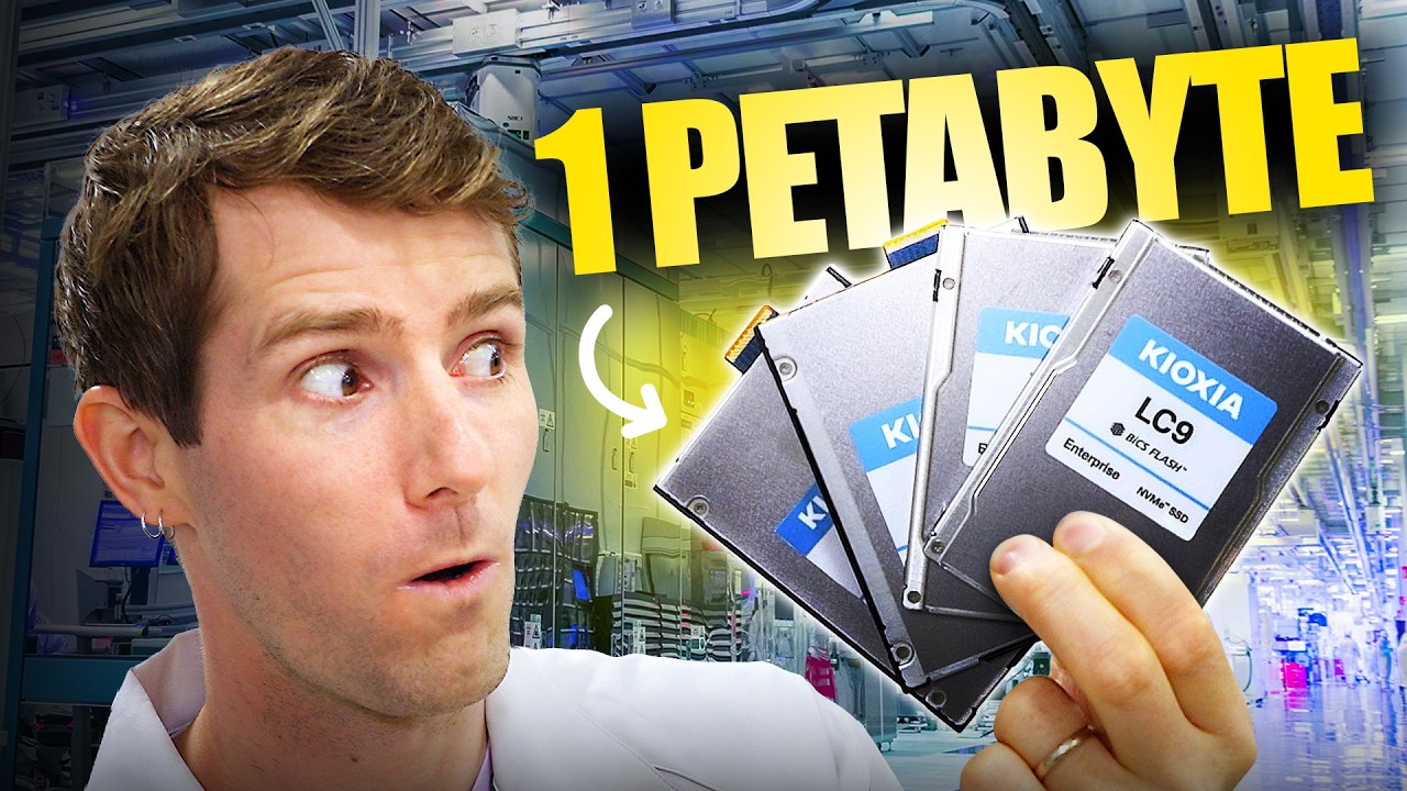 YouTube post by @LinusTechTips for Dbrand. Caption reads: A Petabyte in the Palm of My Hand - Kioxia Factory....